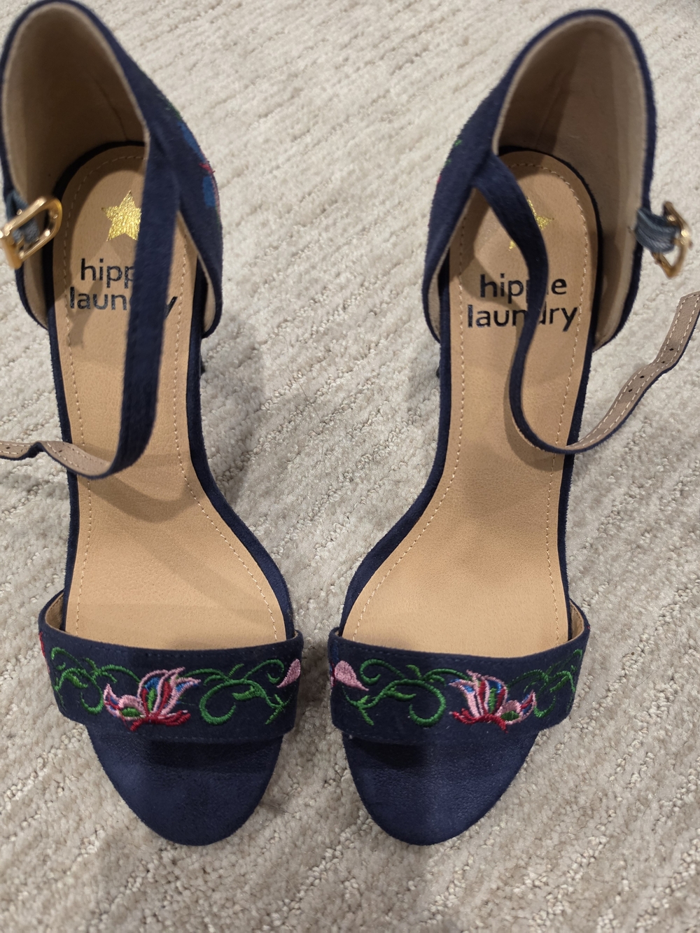 hippie laundry Navy Floral Embroidered Ankle-Strap Heels